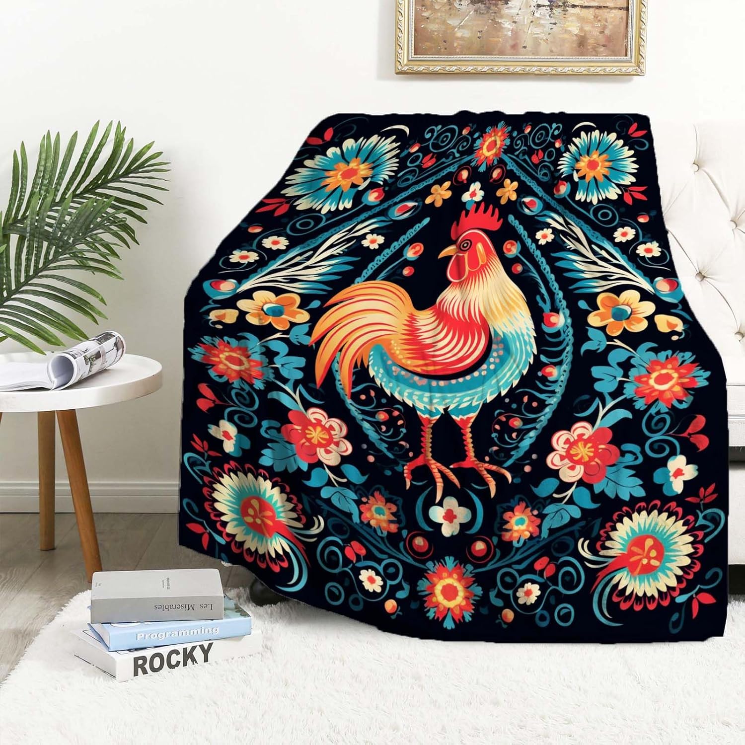YucZiken Rooster Blanket Throw, Boho Chicken Floral Throw
