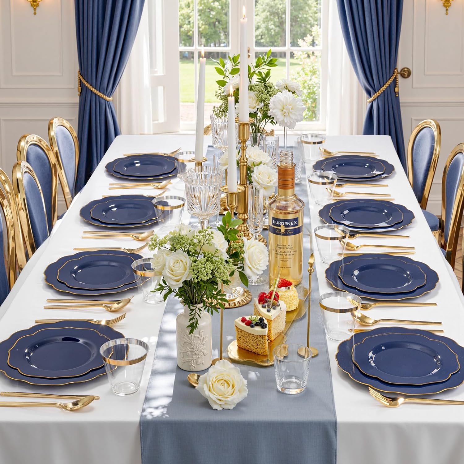 bUCLA 180PCS Blue Plastic Plates - Navy Blue and Gold Rim Disposable Include 30 Each (Dinner & Dessert) Plates, 30 Knives, 30 Forks, 30 Spoons and 30 Cups, Ideal for Party, Gathering and Hanukkah - Image 9