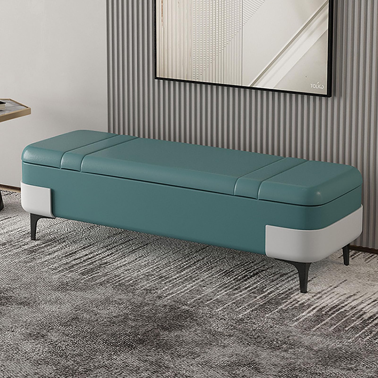 Banc de lit cyan en similicuir pour ranger vos couvertures et vous asseoir confortablement dans la chambre