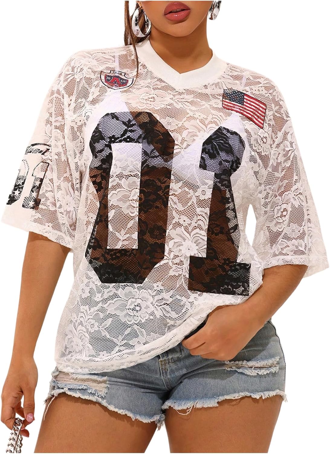 Verdusa Women's Lace Floral Graphic Jersey Shirts Sheer Half Sleeve V Neck Number Shirt