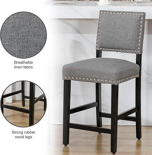 Miniatura 3 de DAGONHIL Juego de 2 taburetes de bar de 24 pulgadas, taburetes de altura de mostrador, taburetes de bar tapizados de tela con respaldo y patas de