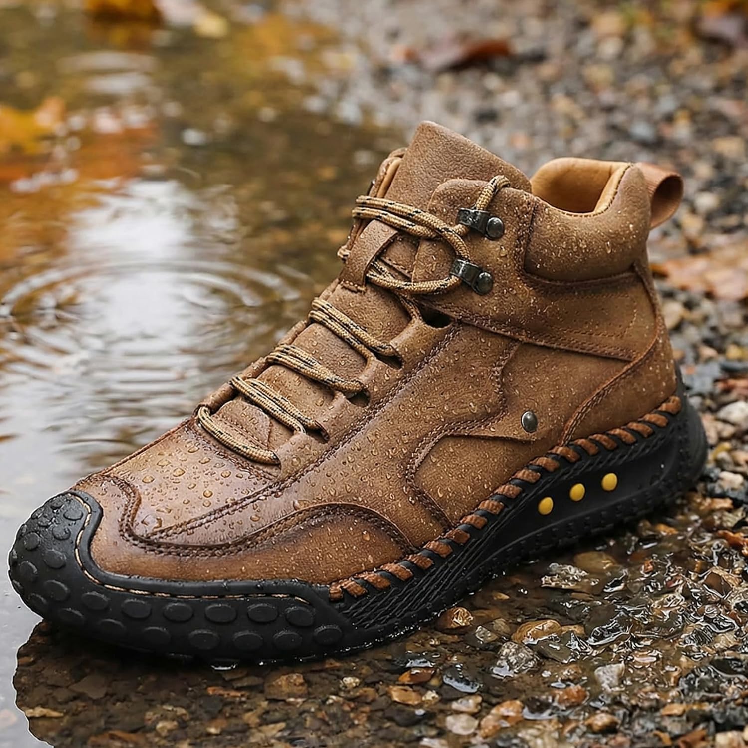 CrazySavage Mens Casual Leather Handmade Ankle Chukka Boots Mid-top Non-Slip Walking Driving Shoes Waterproof Arch Support Spacious Toe Outdoor Orthopedic Trekking Boot - Image 3