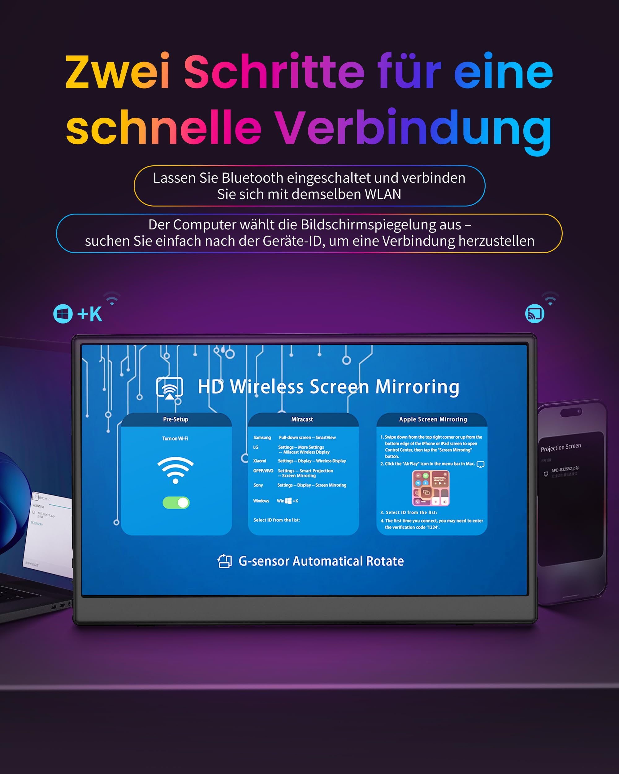 Monitor Wireless 15.6" FHD 1080P IPS con Treppiede Plug and Play | Monitor portatile portatile con Miracast, USB-C e HDMI, espansione dello schermo wireless per laptop, PC, Mac, smartphone