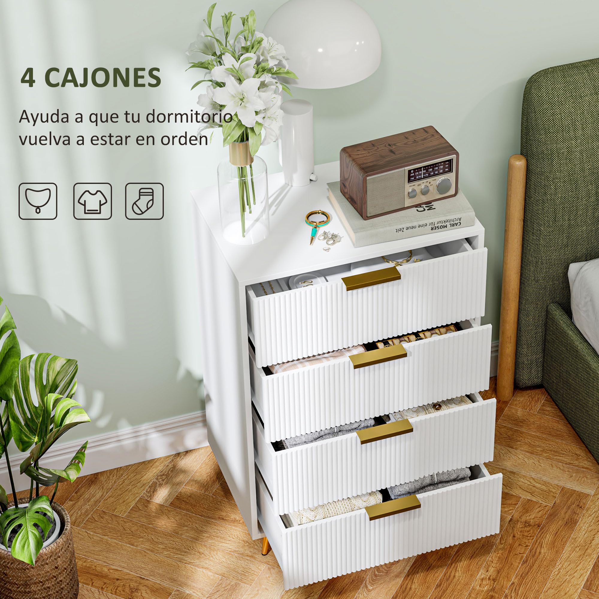 HOMCOM Cómoda con 4 Cajones Frentes con Diseño Ondulado 60x40x90 cm Blanco | Cómoda de Dormitorio Moderno, Anti-vuelco, Cajonera para Salón Pasillo