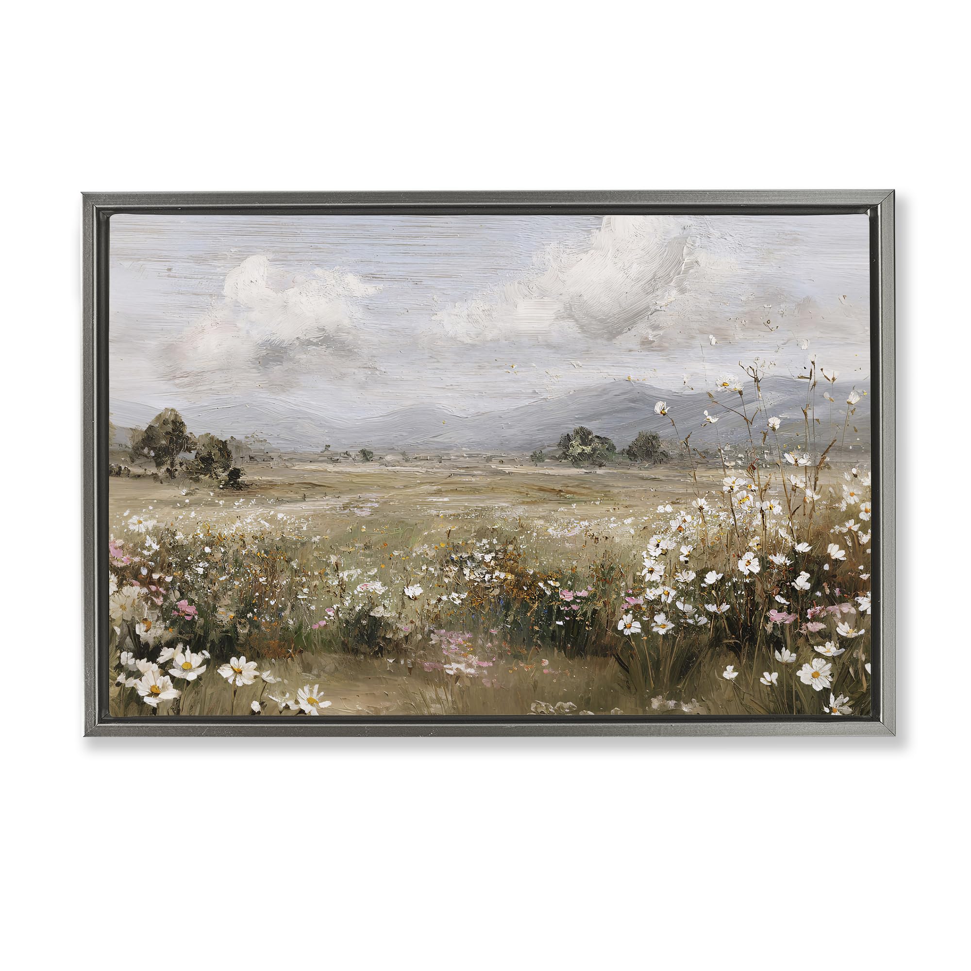 Stupell Industries 'Daisy Clusters in Field', Floating Frame Canvas Art, Gray, 31 x 21 Inches, Easy to Hang and Sturdy, Made in USA, by Jacky Ngan