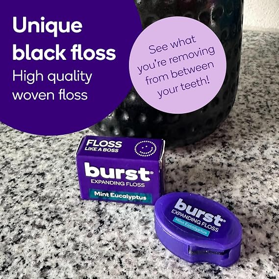 BURST Travel Expanding Dental Floss (12 Pack, 5.5 Yards Each) | Mint Eucalyptus Tooth Floss for On-The-Go | Stain Absorbing, Xylitol-Coated, Vegan | Paraben Free Expanding Floss