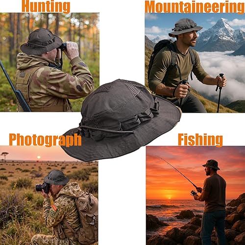 Miniatura 6 de Boonie Sombrero de camuflaje de estilo militar con cordón resistente al viento y ala plegable. Sombrero de pesca de camuflaje