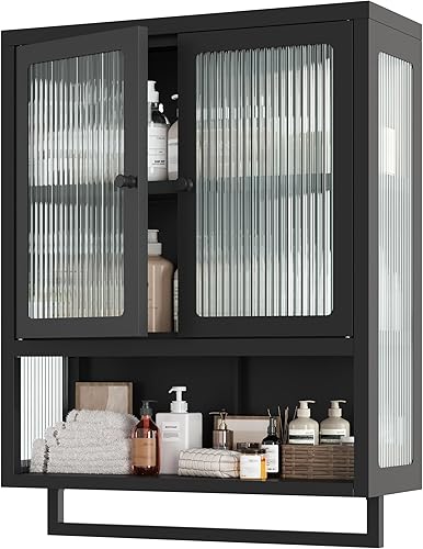 Miniatura 1 de Armario de pared para baño, gabinete de almacenamiento para ahorrar espacio sobre el inodoro, botiquín con 2 puertas de vidrio y toallero, gabinete