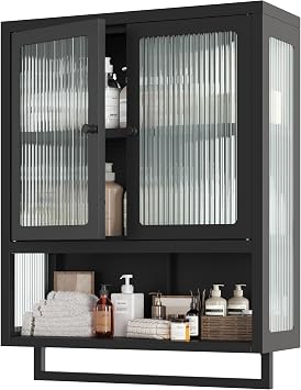 Bathroom Wall Cabinet, Over The Toilet Space Saver Storage Cabinet, Medicine Cabinet with 2 Glass Door and Towel Bar, Metal Wall Mounted Cabinet for Bathroom Laundry Room Kitchen