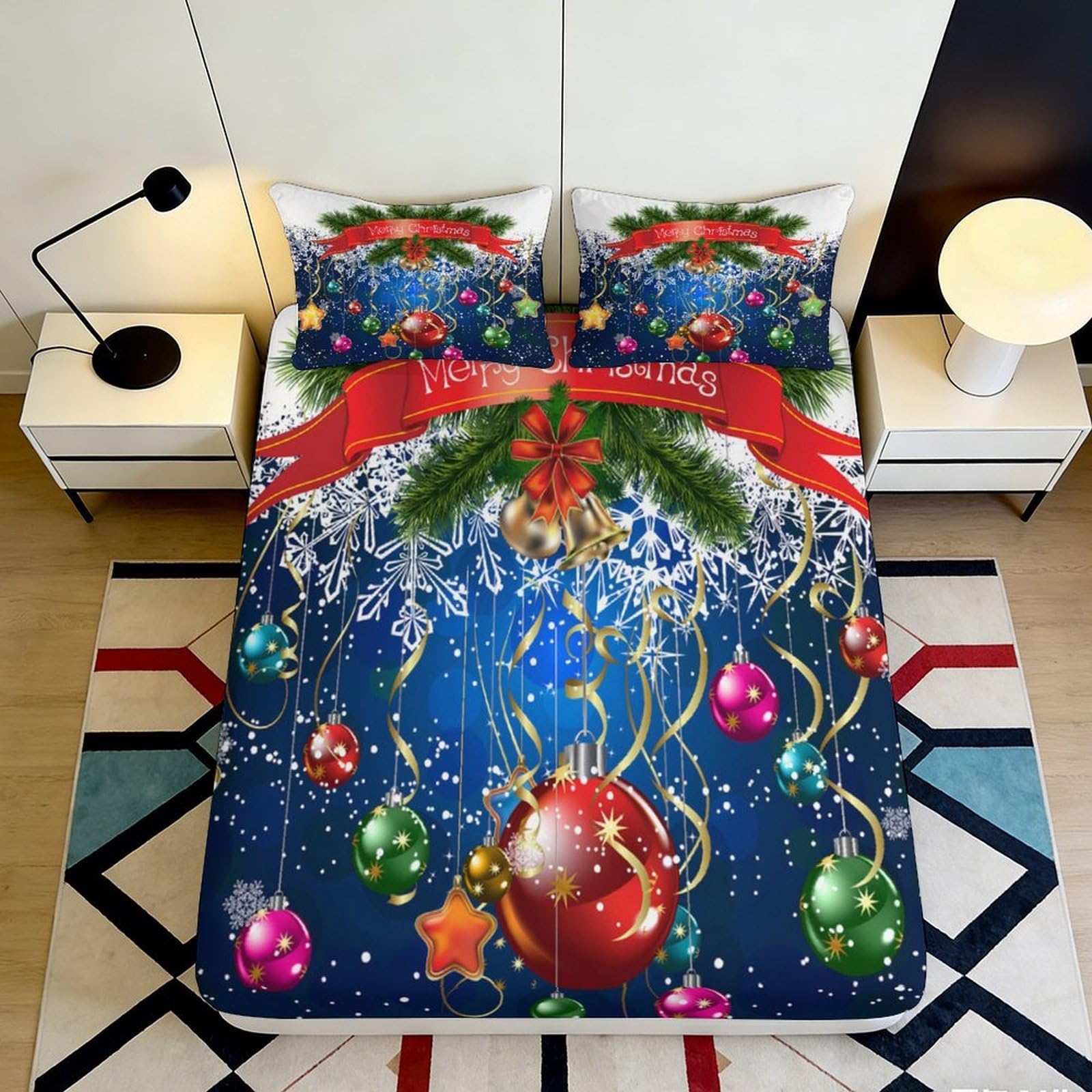 Uynsixtme Style-9 3D Printed Christmas Ornament Fitted Sheet Microfiber Deep Pocket Non-Slip Bedroom Bedding Christmas Mattress Fitted Cover Washable 200X200x25cm