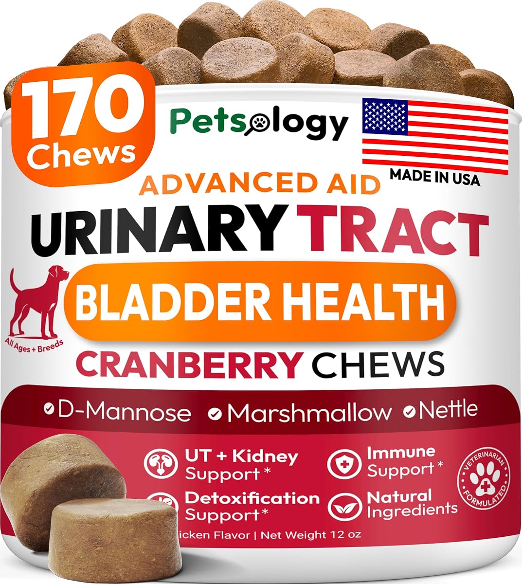 Dog UTI Treatment - 170 Cranberry Chews for Dogs - Urinary Tract Infection | Bladder & Kidney Health Multivitamin, Cranberry Supplement for Dogs with D-Mannose, Dog Vitamins and Supplements, Made in USA
