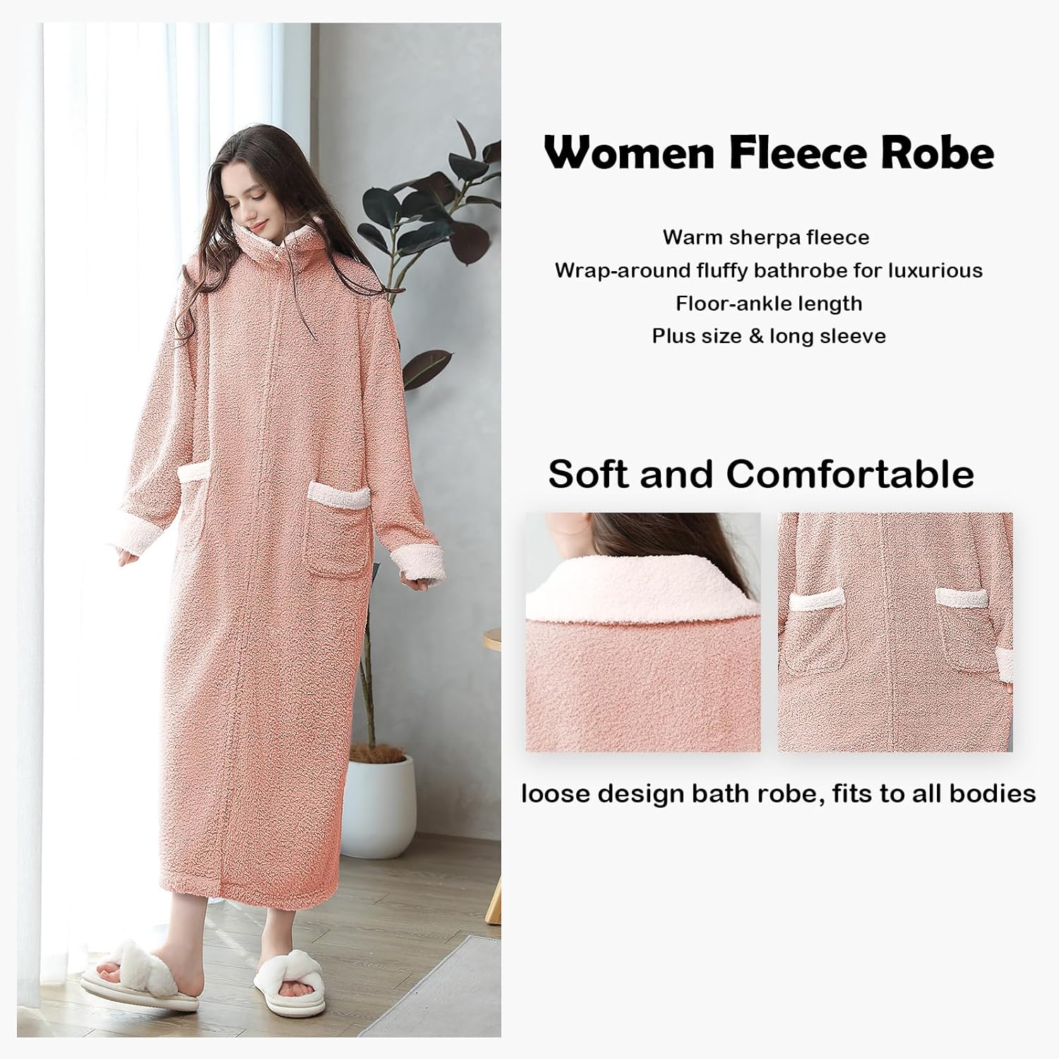 Oksun Womens Long Zipper Robe: Full Length Soft Fleece Warm Bathrobe - Cozy Fuzzy Winter Housecoat Plus Size - Image 5