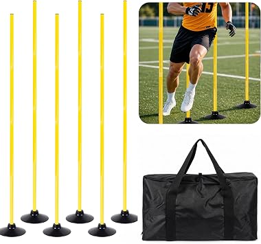 6 Pack Soccer Agility Training Poles, 5 FT Adjustable Speed and Agility Training Equipment for Football/Basketball/Dog Practice, Bending Poles for Horses with Rubber Bases and Carry Bag