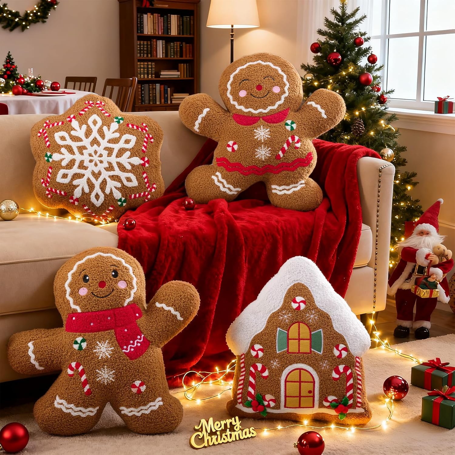 lanpn christmas gingerbread pillows set of 4, christmas decoration winter throw pillows soft fleece sherpa cute 3d shaped ginger bread throw cushion for sofa living room bedroom xmas decor gingerbread - 4 pcs