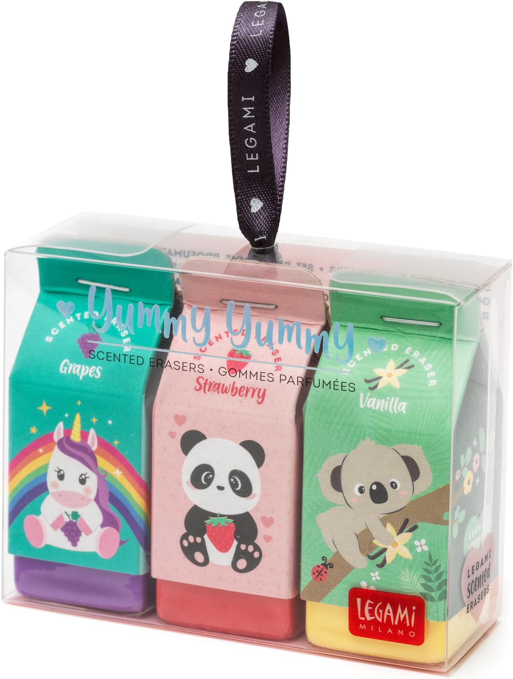 Yummy Yummy, Set of 3 Scented Erasers, 2.7x6 cm, Grape, Strawberry and Vanilla Scented, for Precise Erasing