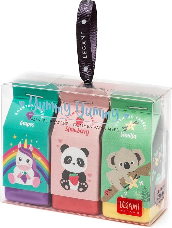 Legami Yummy Yummy, Set of 3 Scented Erasers, 2.7x6 cm, Grape, Strawberry and Vanilla Scented, for Precise Erasing