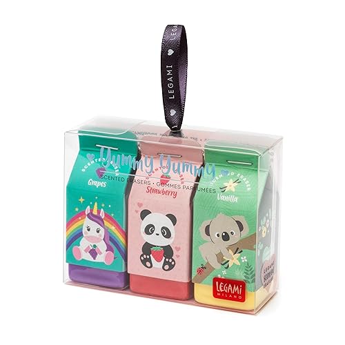 Legami Yummy Yummy, Set of 3 Scented Erasers, 2.7x6 cm, Grape, Strawberry and Vanilla Scented, for Precise Erasing