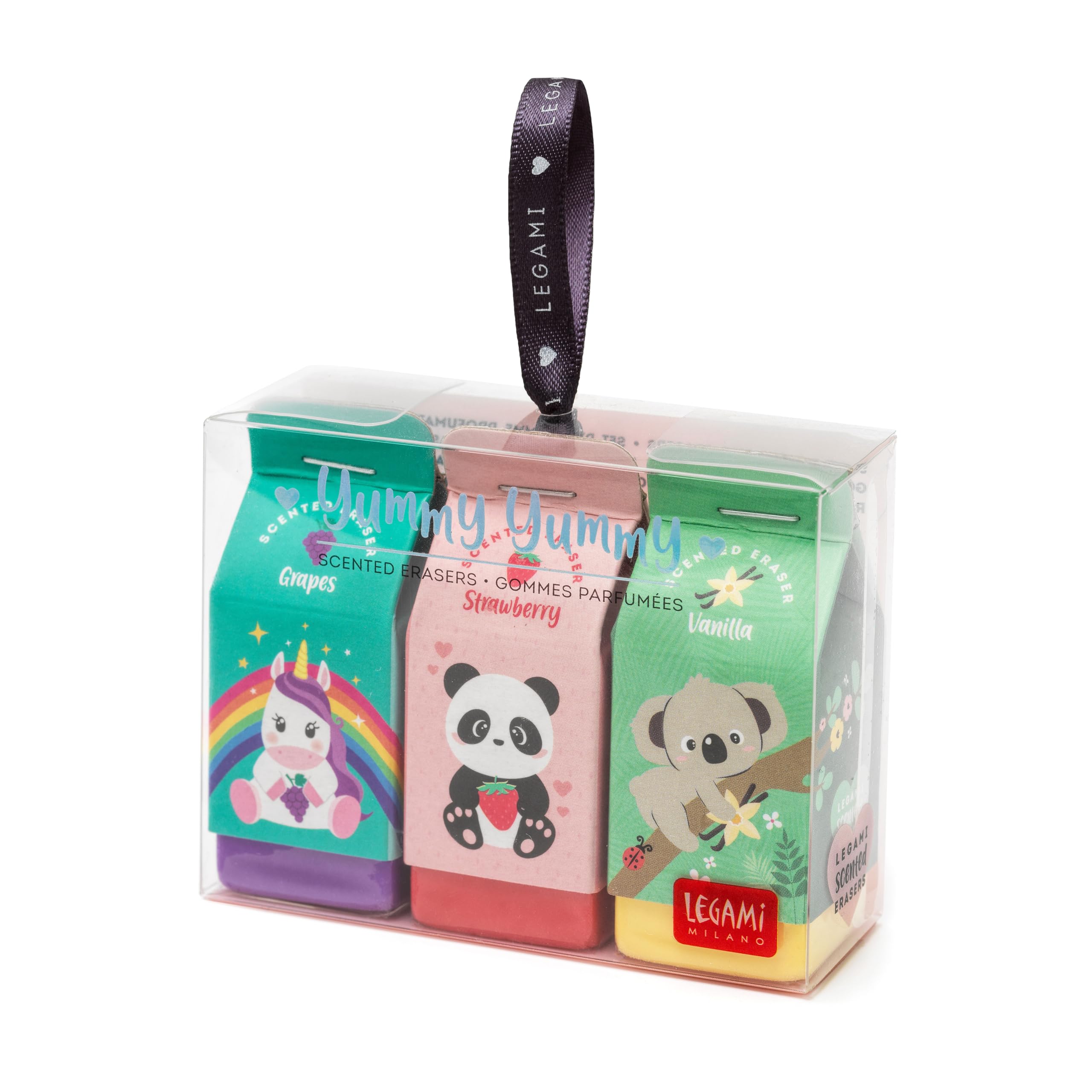 Legami Yummy Yummy, Set of 3 Scented Erasers, 2.7x6 cm, Grape, Strawberry and Vanilla Scented, for Precise Erasing