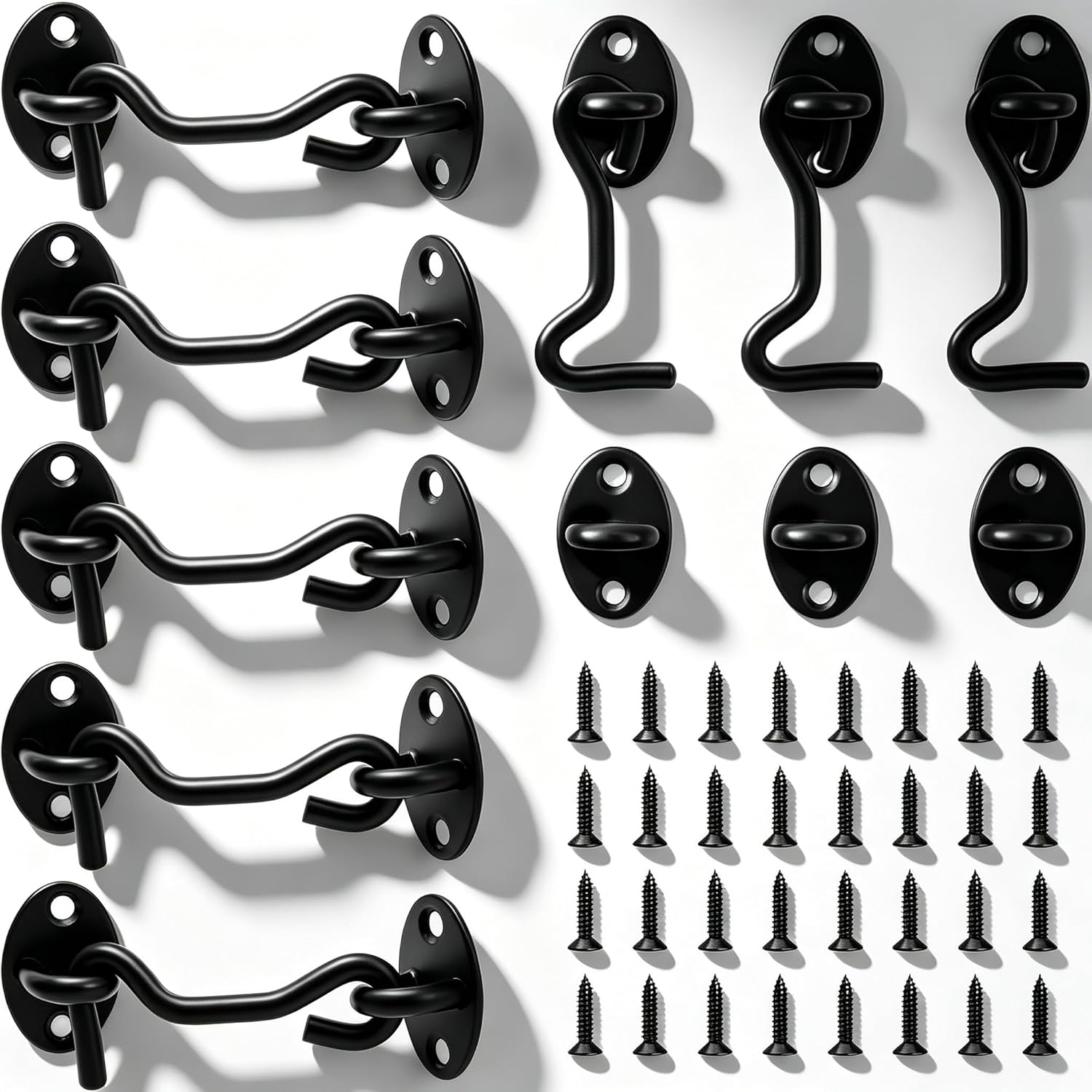 8 Pack Hook and Eye Latch 4 Inch, Stainless Steel Barn Door Lock with 32 Mounting Screws, Heavy Duty Privacy Gate Latch Hardware for Shed Window Cabinet Closet - Black