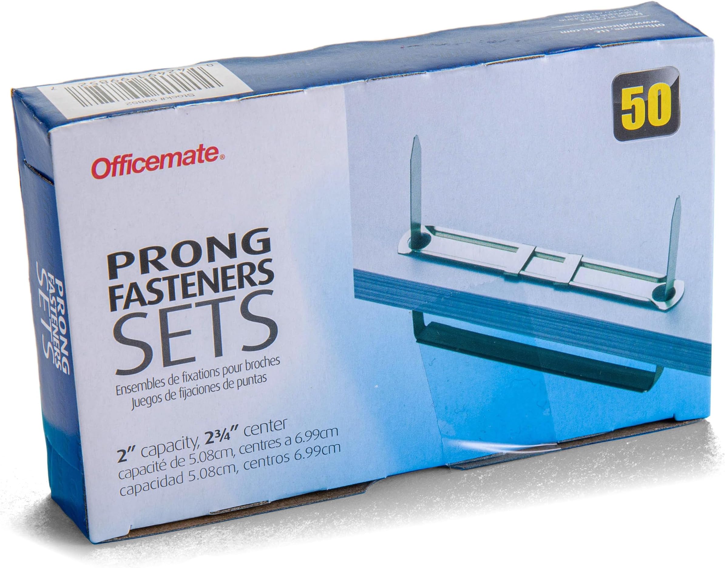 Officemate Prong Paper Fasteners, 2 inch Capacity, 2.75 inch Base, Box of 50 Complete Sets, (99852), Silver