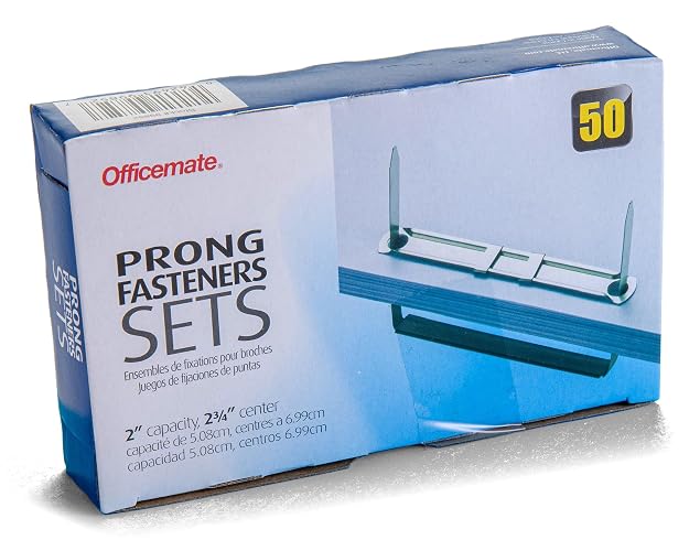 Officemate Prong Paper Fasteners, 2 inch Capacity, 2.75 inch Base, Box of 50 Complete Sets, (99852), Silver