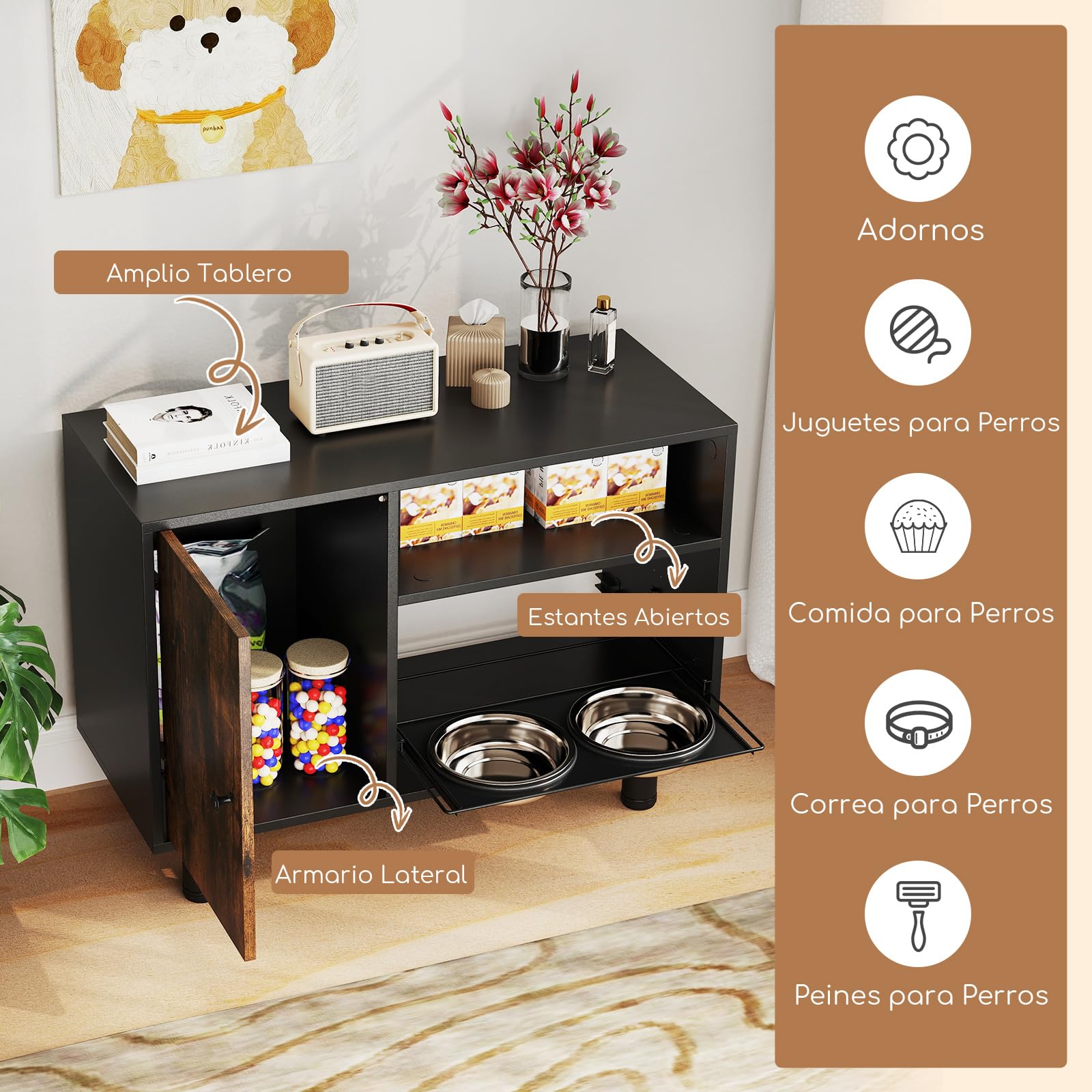 COSTWAY Gabinete de Almacenamiento de Alimentos para Perros, Comedero Perro Elevado con 2 Cuencos Elevados de Acero Inoxidable, Estantes, Estación de Alimentación para Suministros, 82 x 35 x 60 cm