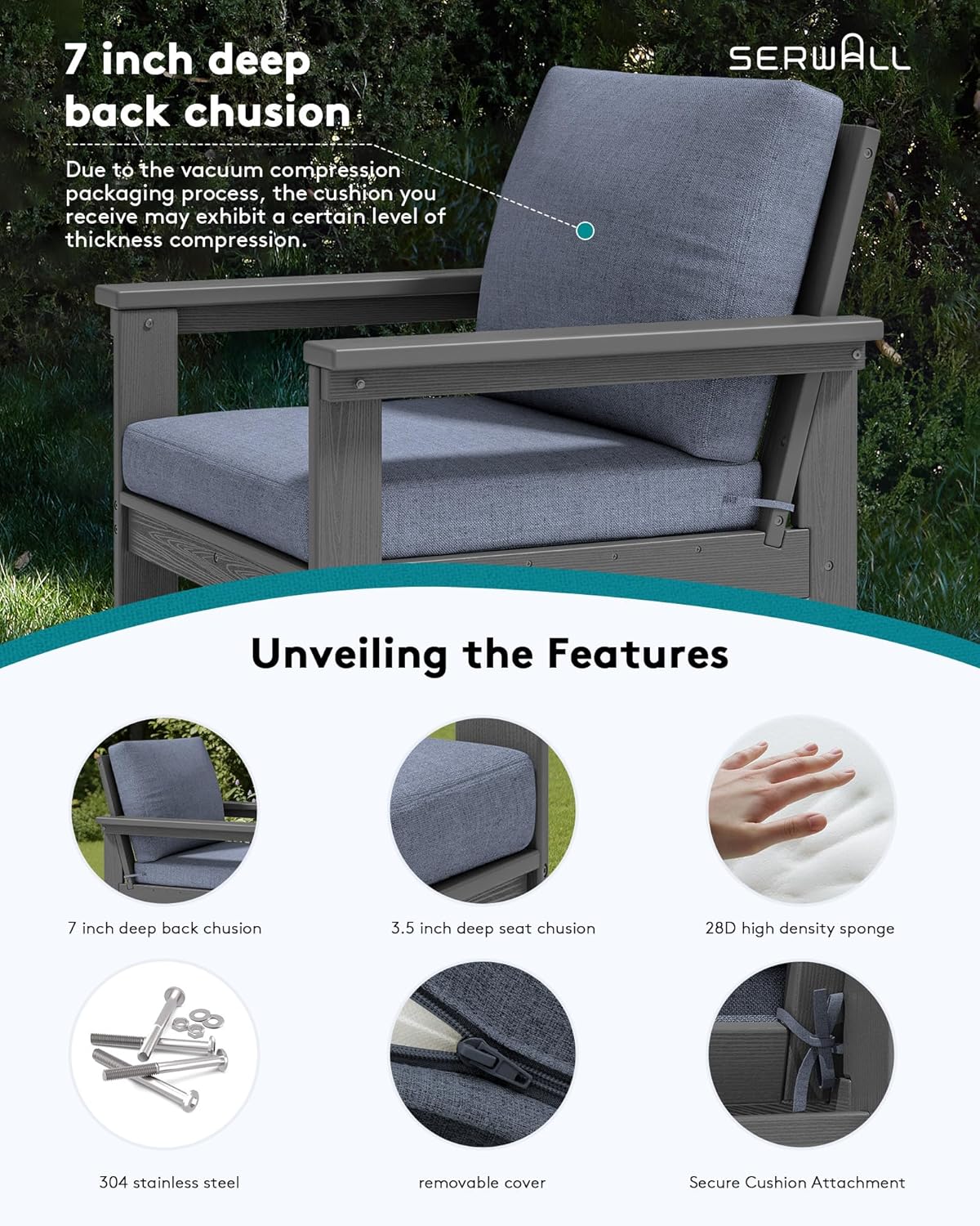 SERWALL HDPE Patio Furniture Set, 7-piece Outdoor Sectional Sofa Set, All Weather Outdoor Couch Set for Deck, Lawn, Grey Frame with Grey Cushion