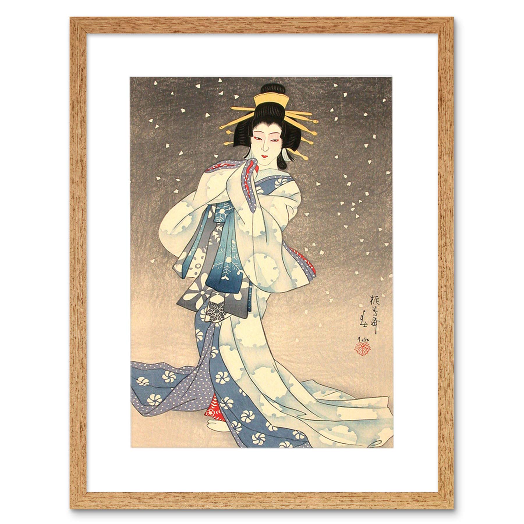 Wee Blue Coo Natori Shunsen Japanese Kabuki Theatre Geisha Artwork Framed Wall Art Print 12X16 Inch