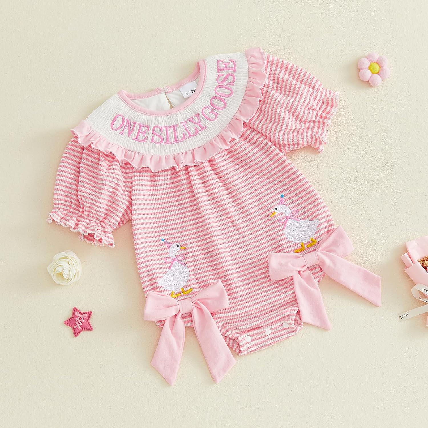Newborn Baby Girl First Birthday Outfit Silly Goose Smocked Striped Bubble Romper One Year Old Short Sleeve Bodysuit