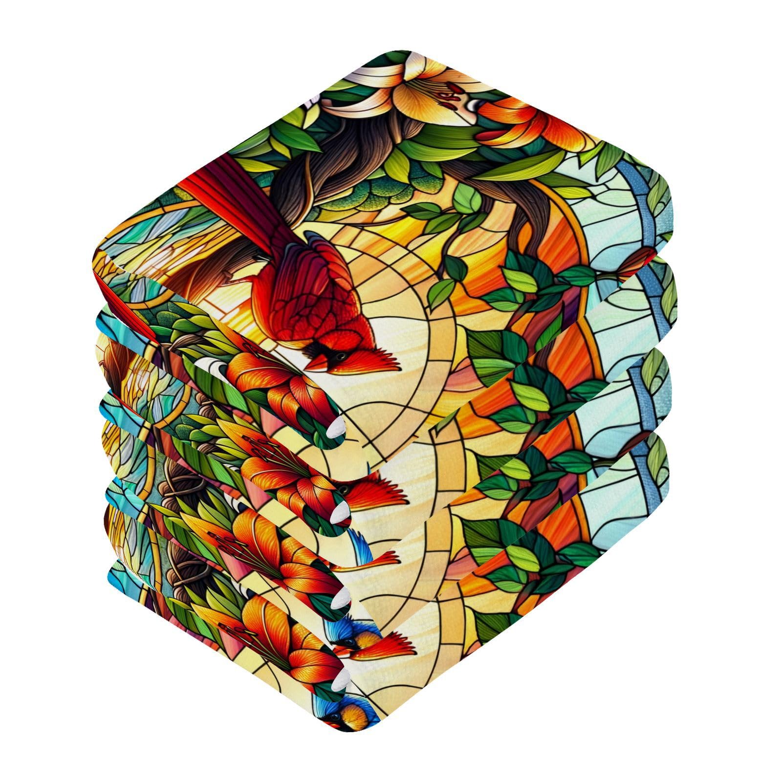 YANENDIE Stained Glass Cardinals Washcloths Towels, Highly Absorbent and Soft Cotton Face Cloths, 6 Pack Quick Dry Wash Cloths - 12 X 12 Inches