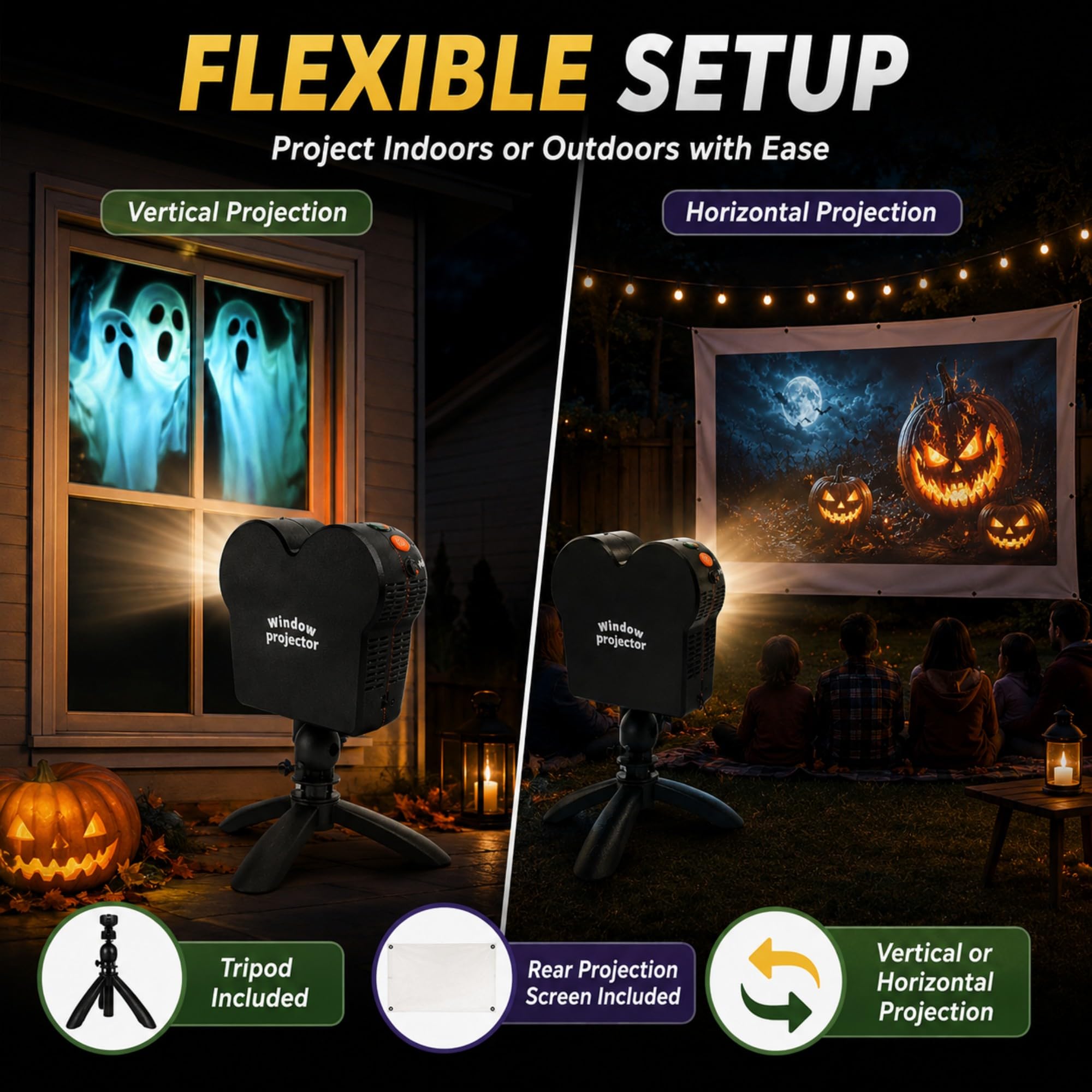 Halloween Projektor Fenster, Rückprojektor mit Stativ & 1,2x1,8m Projektionsleinwand, 6 Halloween & Weihnachts Motive, Horizontal/Vertikal Projektion für Fenster, Zuhause und Party Dekoration