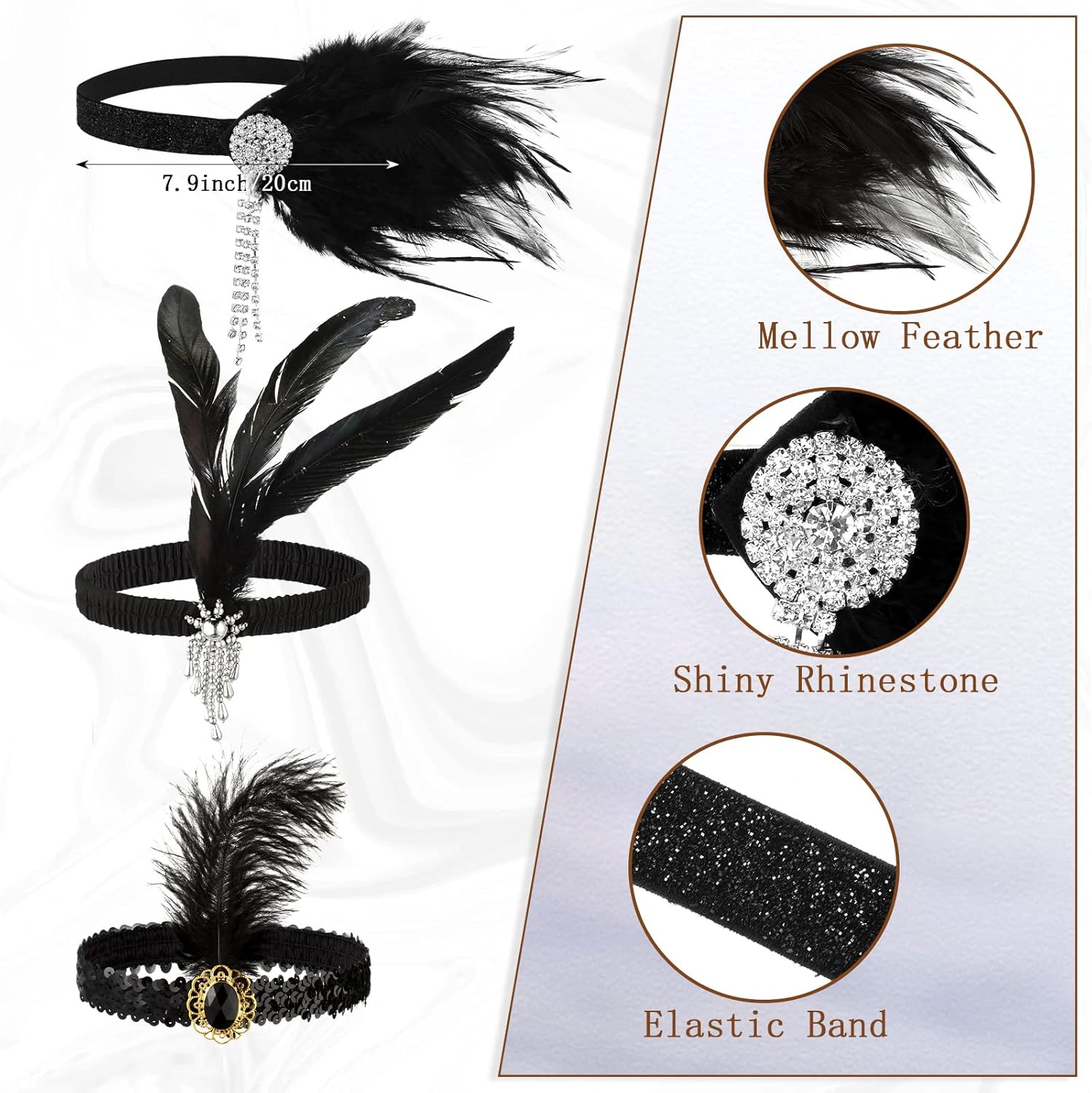 Seematn 18 Pcs Flapper Accessories Flapper Headband Feather Headpiece for Women, Pearl Bead Necklaces - Image 3