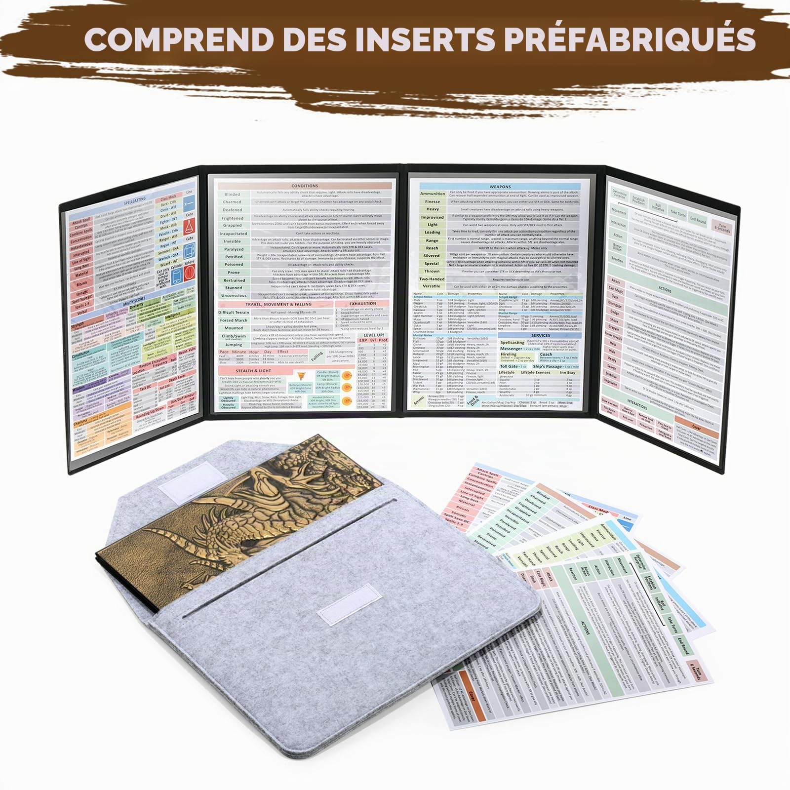 DNDND Écran DND Dungeons Master en similicuir 3D gaufré à quatre panneaux avec poches pour jeu de table DND Donjons et Dragon (laiton)