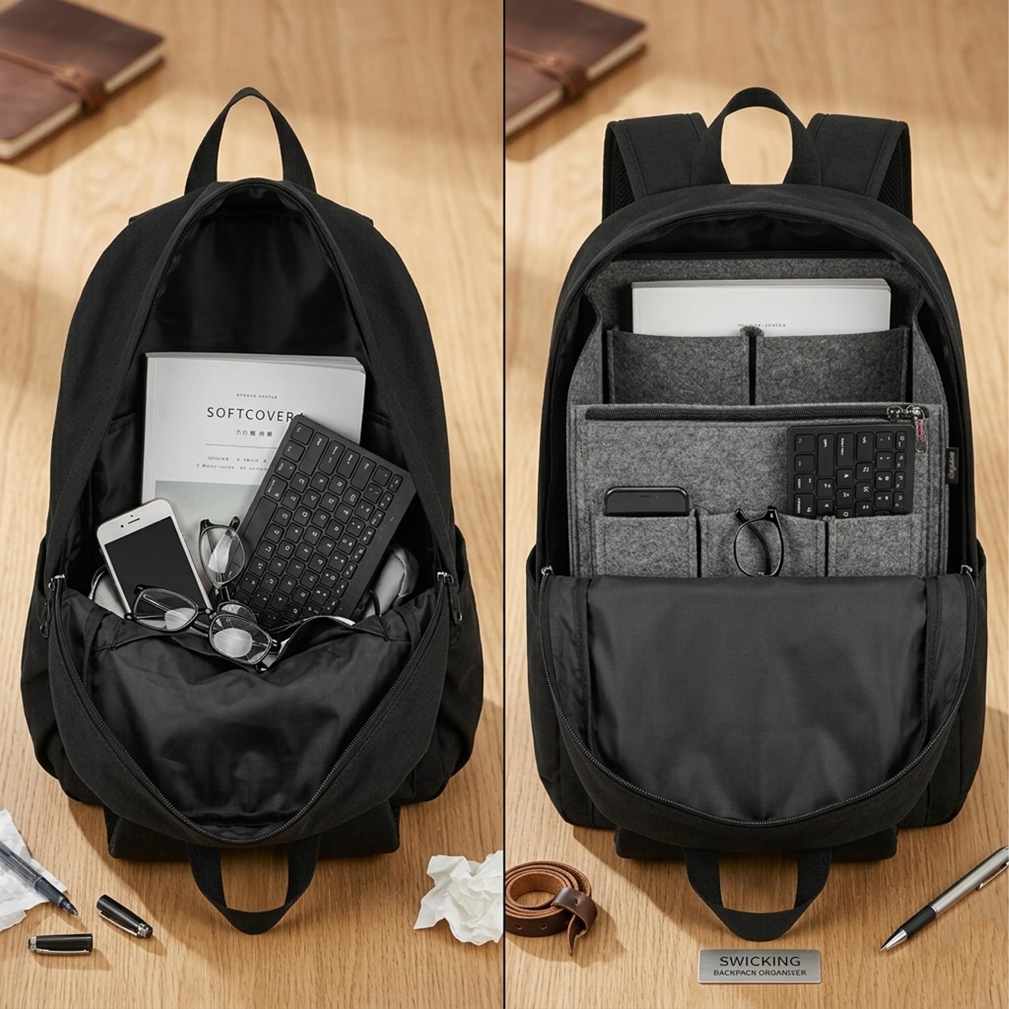 Organiseur de sac à dos de grande capacité – Insert de rangement en feutre pour sacs à dos, sacs à dos et sacs de voyage de 25,4 cm + | Design vertical avec fente pour bandoulière et poche