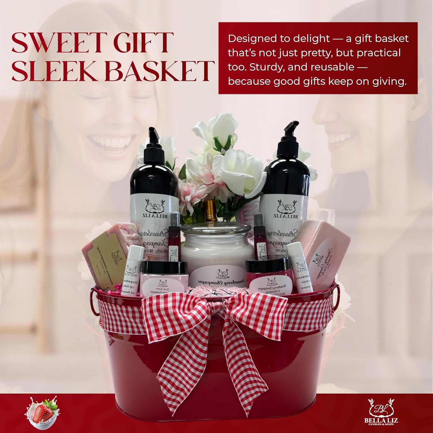 Bella Liz Strawberry Gift Set – 14 piece Spa Set with Soy Candle, Handmade Soaps, Body Wash & Lotion, Bath Bombs, Lip Balms, Sugar Scrub, Body Butter & More – Self-Care Gift - Image 6
