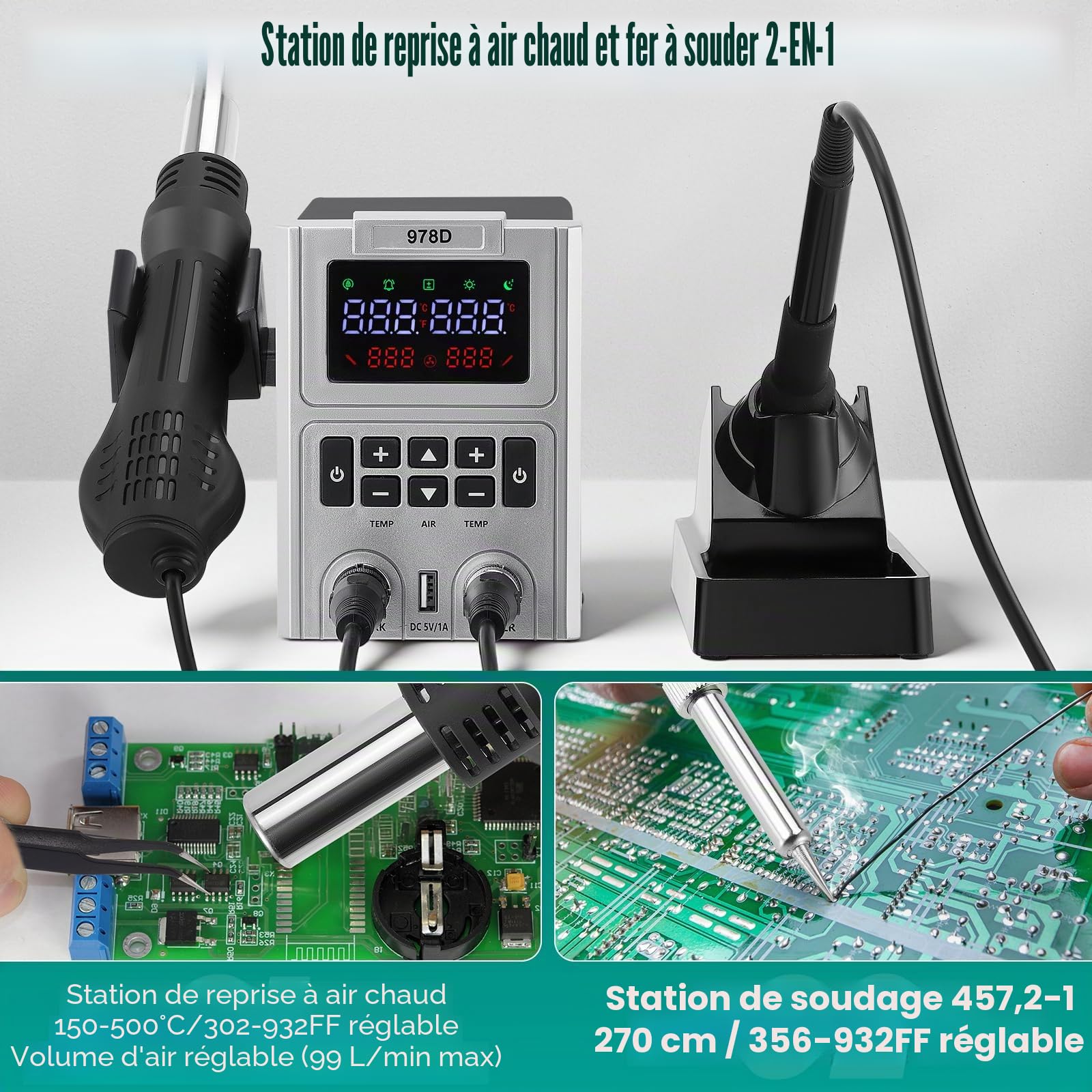Station de Soudage, 2 en 1 de Station Soudage à Air Chaud et Fer a Souder avec Contrôle de Température Précis, Affichage LED, Kit de Station pour l'électronique, Projets de Bricolage, Réparation