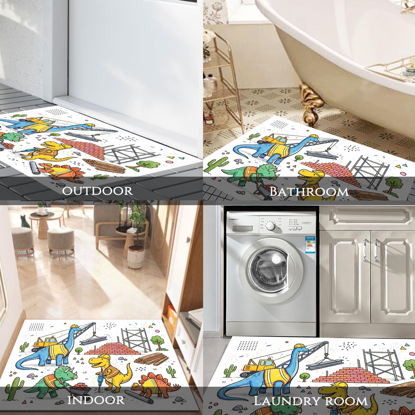 Felpudo de Entrada Dinosaurios Grúas Ladrillos, 80x120cm Alfombra para Puerta Constructores Dinosaurios, Antideslizante, Lavable Alfombrilla para Atrapar Suciedad para Pasillo, Cocina, Dormitorio