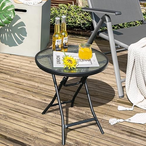 Miniatura 2 de HAPPYGRILL Mesa auxiliar redonda plegable de 18 pulgadas, mesa de centro portátil para patio con mesa de vidrio templado, estructura de acero
