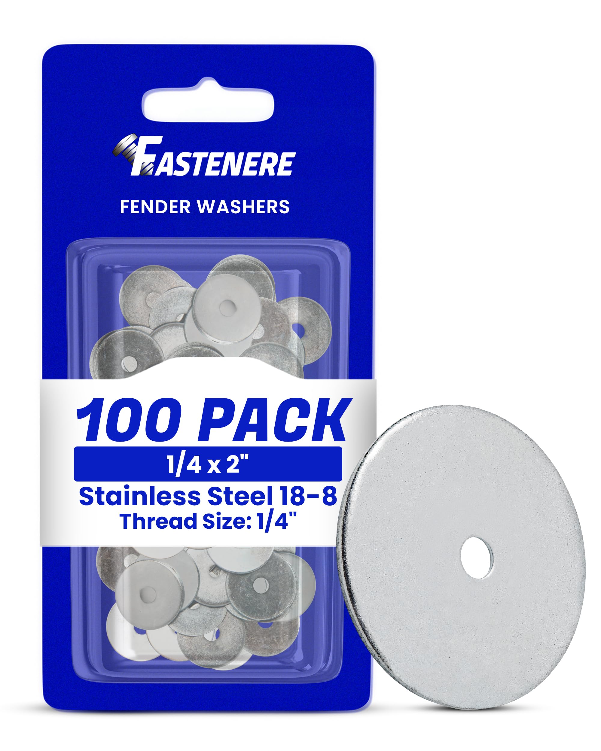 Fastenere Fender Washers 1/4 x 2 (100 Pack), Large Diameter, 18-8 Stainless Steel Plain Finish, Corrosion Resistant, High Tensile Strength Metal