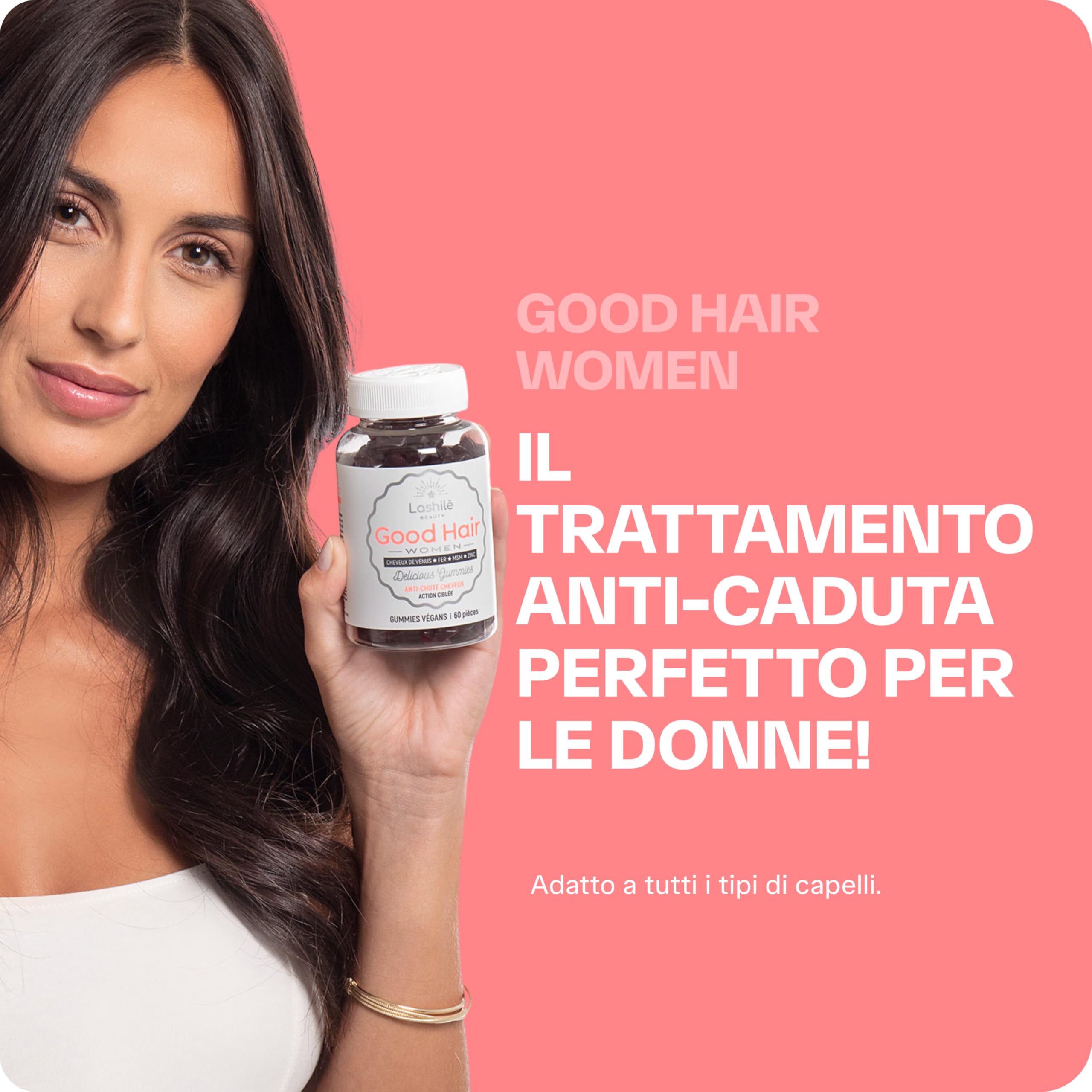 Lashilé Beauty - Integratore alimentare anti-caduta capelli - Crescita e Fortificazione capillare - Good Hair Women - Made in France - Biotina Zinco Ferro MSM Vitamine B6 - Cura 3 Mesi 180 Gummies