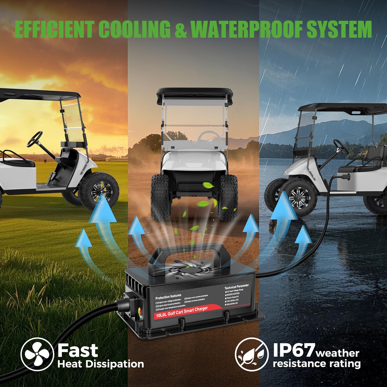 10L0L 36V Golf Cart Battery Charger for EZGO TXT, 18Amp Smart Charger with D Style Plug for Lead Acid Batteries, IP67 Waterproof, Auto Shut-Off