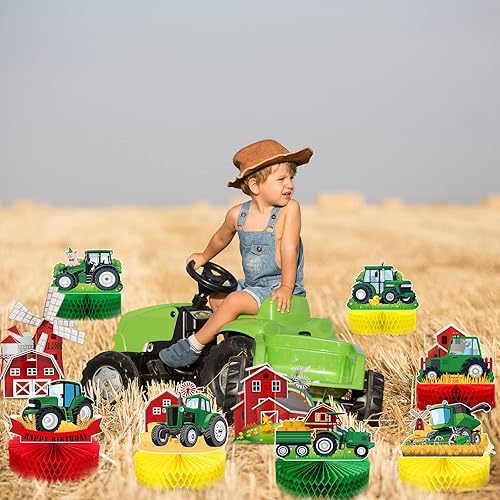 Miniatura 6 de 9 piezas de centro de mesa de nido de abeja de tractor, decoración de fiesta de cumpleaños con temática de tractor verde de granja, decoración de