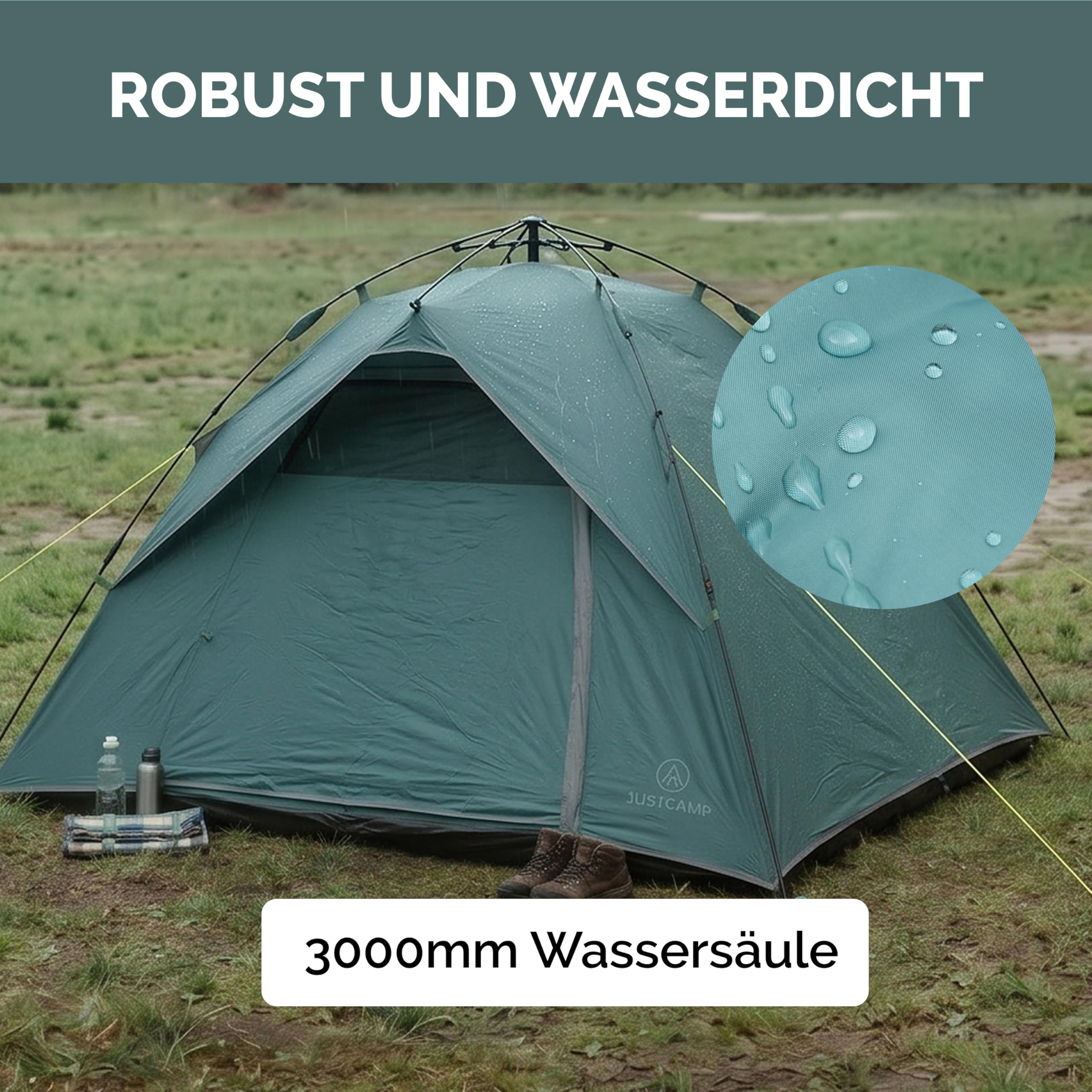 JUSTCAMP Havanna Zelt 3 Personen wasserdicht - Schnellaufbau (Quick-Up-System) - geräumiges Kuppelzelt (210 x 190 x 130 cm) - für Festival, Camping, Trekking