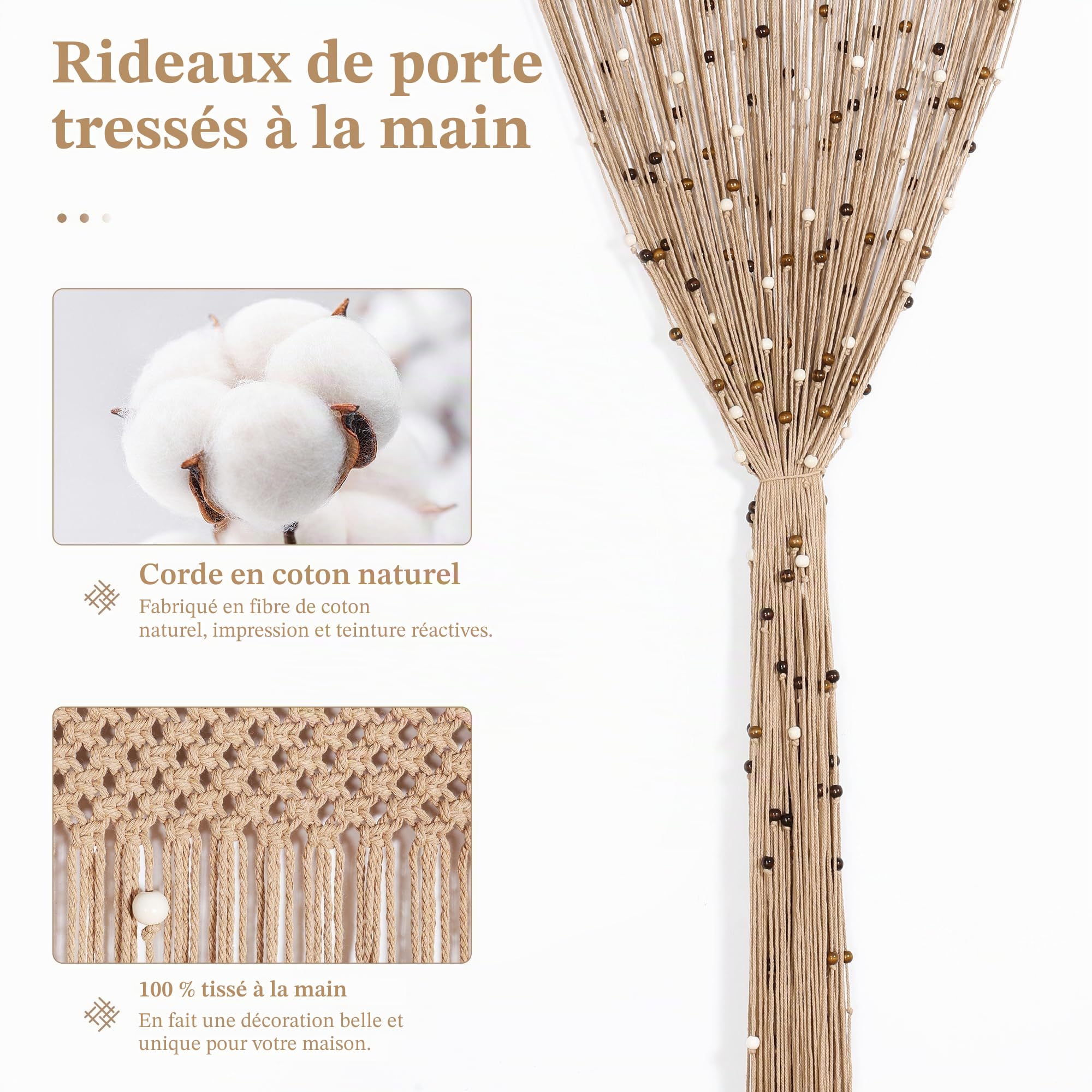 BECHAEO Rideau de perles en macramé fait à la main en coton pour porte, fenêtre, perles en bois et pompons à suspendre, séparateur de pièce, couloir, placard, chambre à coucher, décoration d'intimité,