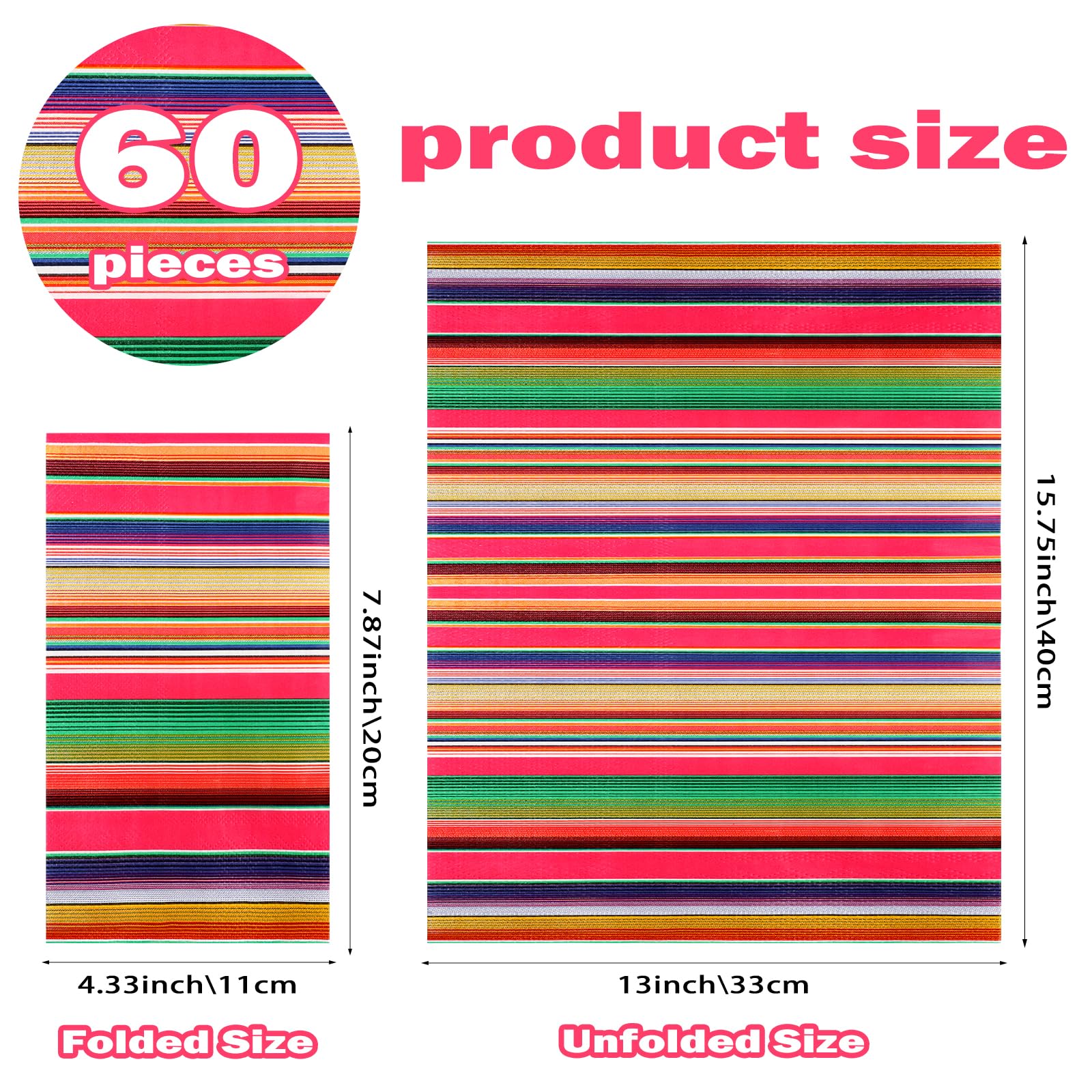 Lemicin 60 Pack Mexican Napkins, Disposable Guest Paper Napkins Colorful Serape Striped Hand Towel for Fiesta Cinco De Mayo Tableware Baby Shower Birthday Party Supplies (13