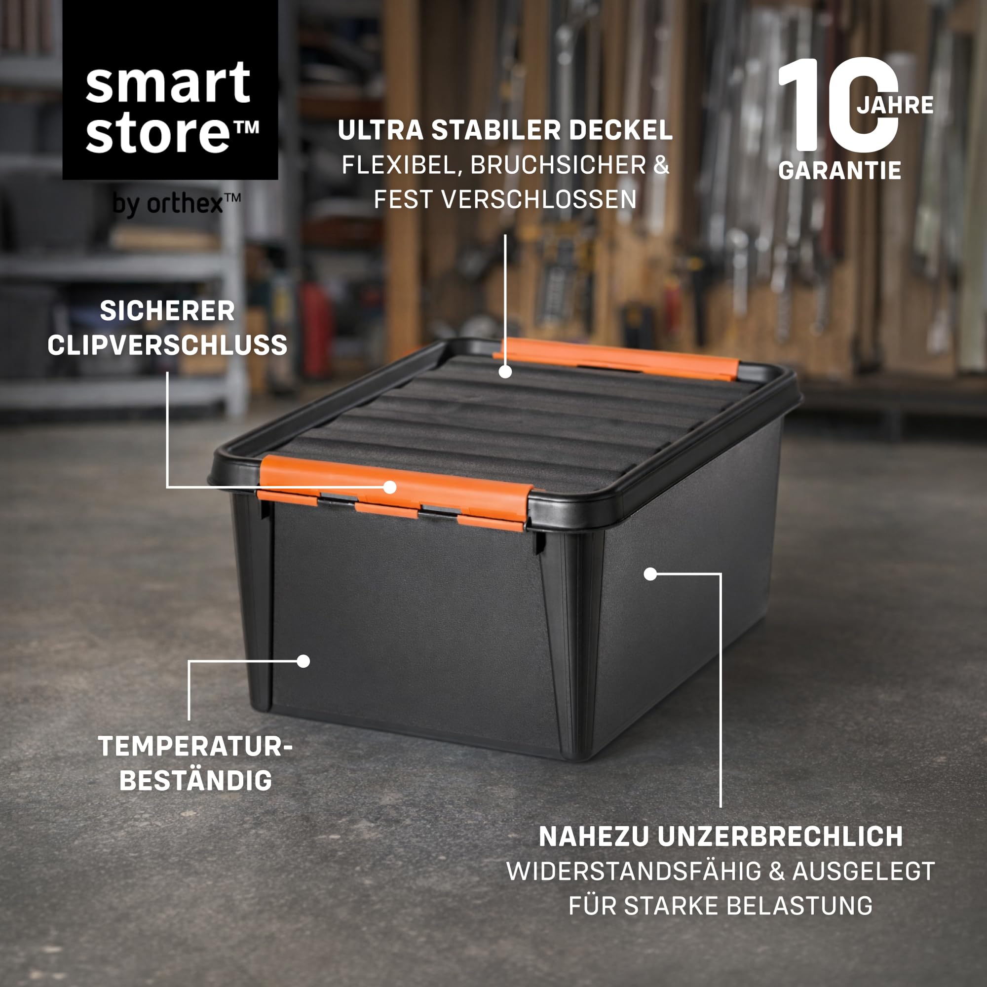 SmartStore Extrem robuste Kunststoff-Aufbewahrungsbox mit Deckel I 14 Liter I Für Garage, Regale, Umzug I 4er Set Stapelboxen mit Clipverschluss I Werkzeugaufbewahrung I BPA-frei I 40 x 30 x 19 cm