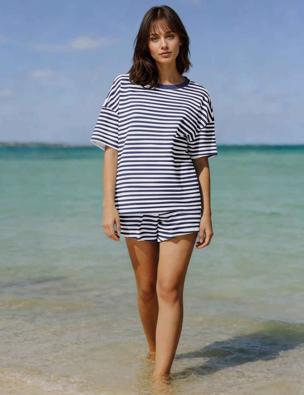 Ythomm Striped Pajamas Shorts Sets Women 2 Piece Lounge Outfits Short Sleeve Tees Drawstring Shorts Summer Matching Pj Sets - Image 6