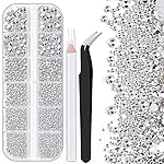 One Pack 2000 Pcs of Flatback Transparent White Clear Round Crystal Rhinestones 6 Sizes (1.5-6 mm) with Nail Art Rhinestone Picker Pencil and Tweezer for DIY and Salon Use