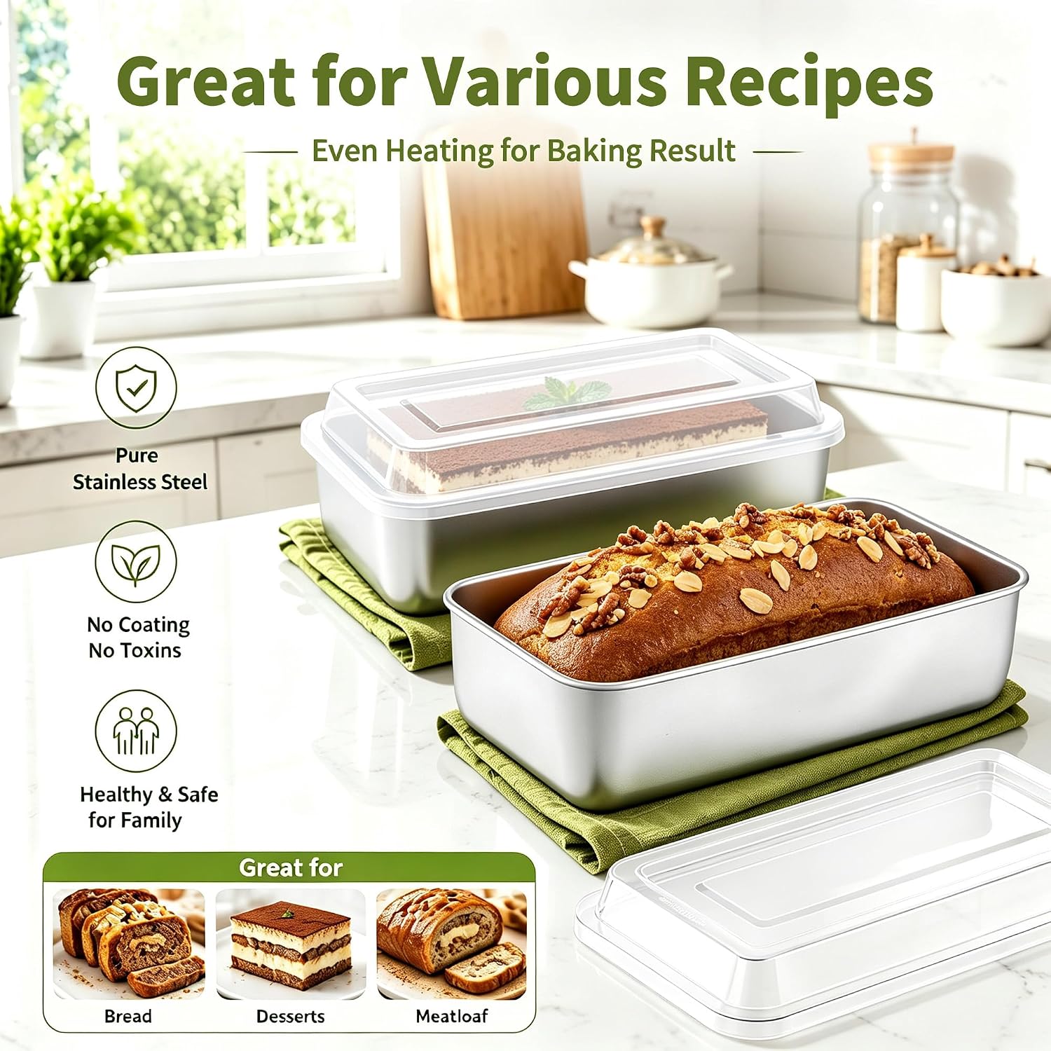 P&P CHEF Loaf Pan with Lid, 9 x 5 Inch Stainless Steel Bread Pan, 2PCS