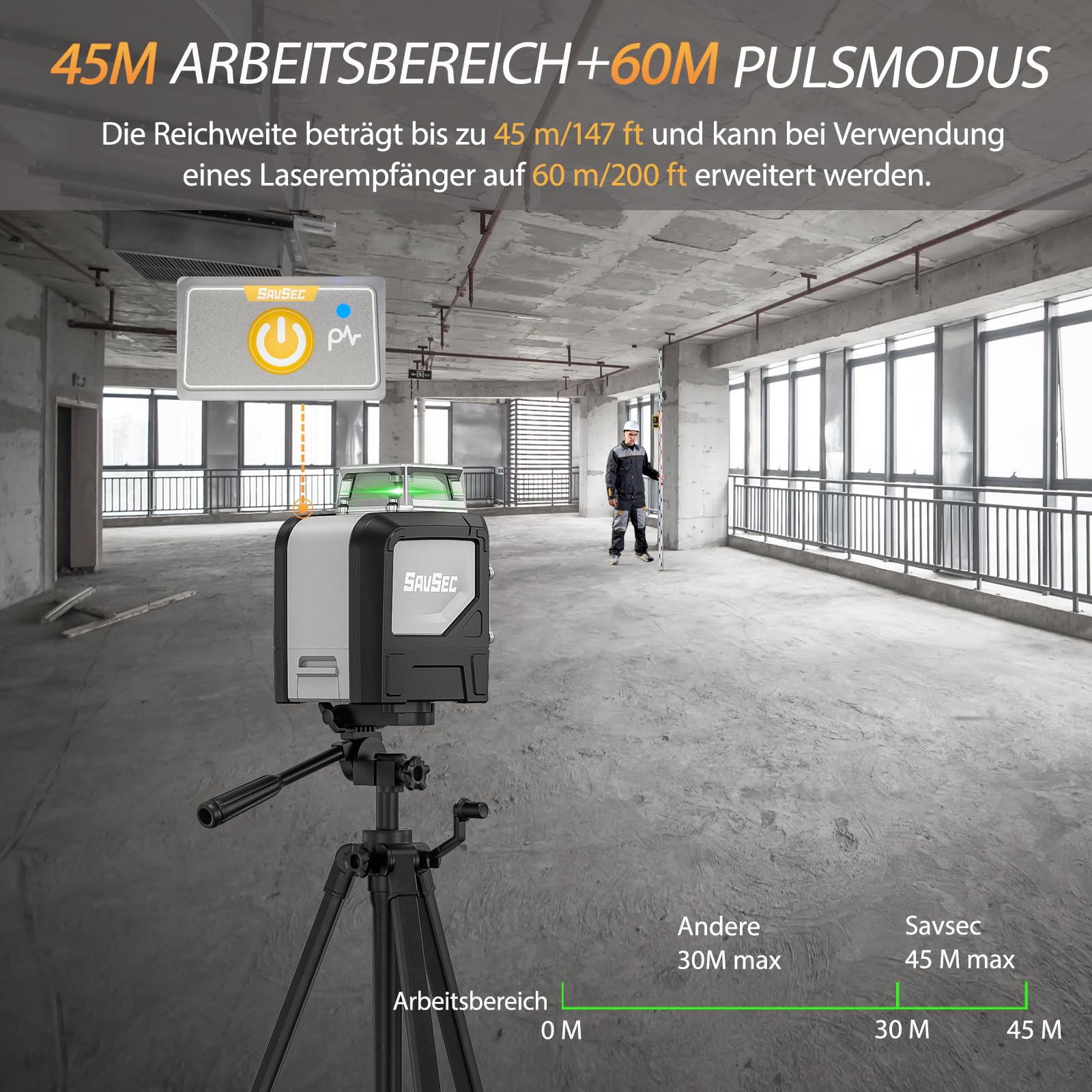Niveau à bulle laser SAVSEC vert, 1 × 360° Laser en croix auto-nivelant, 5 lignes 45 m Niveau à bulle laser en croix avec mode manuel, automatique et impulsion pour chantier de construction intérieur
